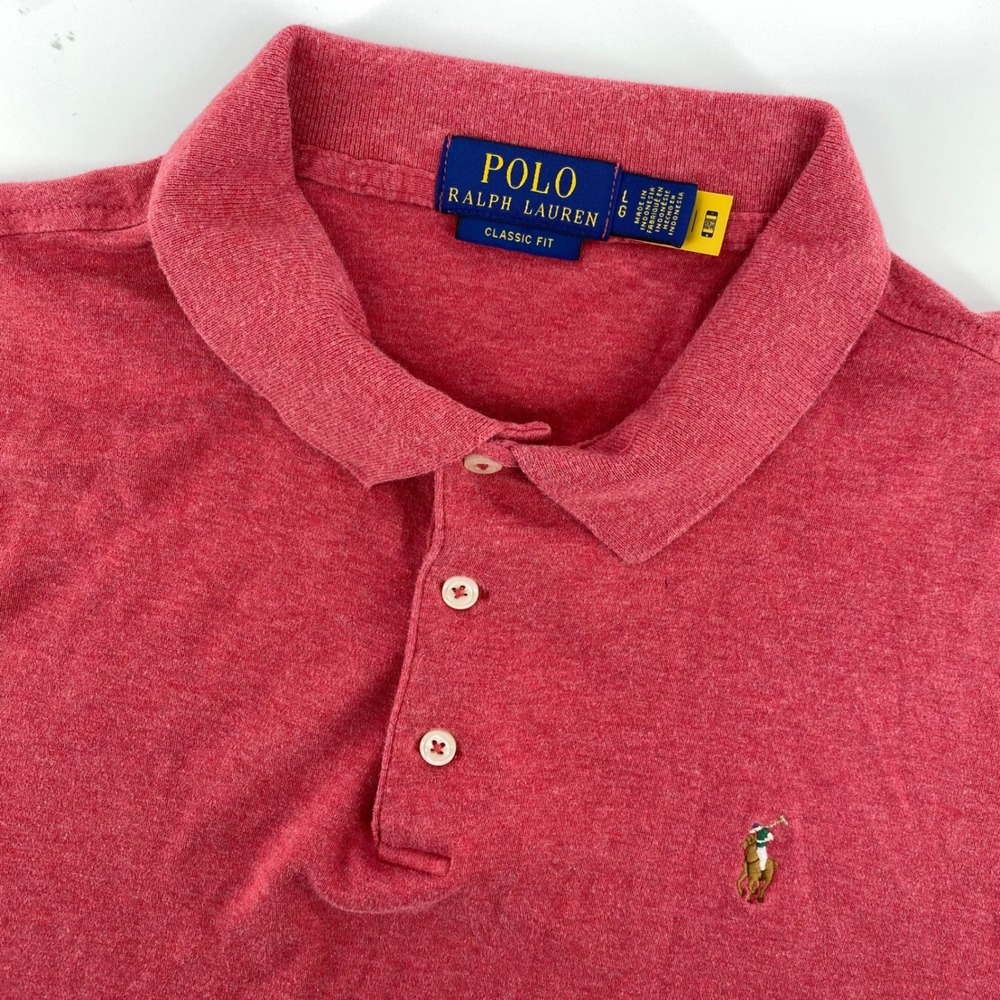 Polo Ralph Lauren Polo Shirt Mens L Red Classic Fit Heathered Cotton Short Slv